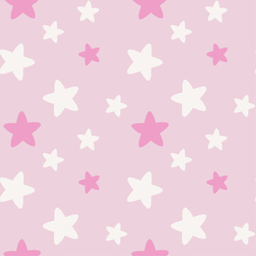 Fototapeta Seamless pattern with white and pink stars. Good night children's, scandinavian nursery illustration in soft pastel pink color. 