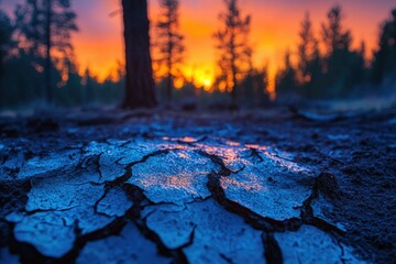 Obraz premium Cracked earth glows blue at sunset, reflecting the fiery orange sky behind a silhouetted forest.