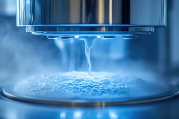 Cryogenic process shown with liquid nitrogen and vaporized liquid forming ice crystals in a modern laboratory setting.