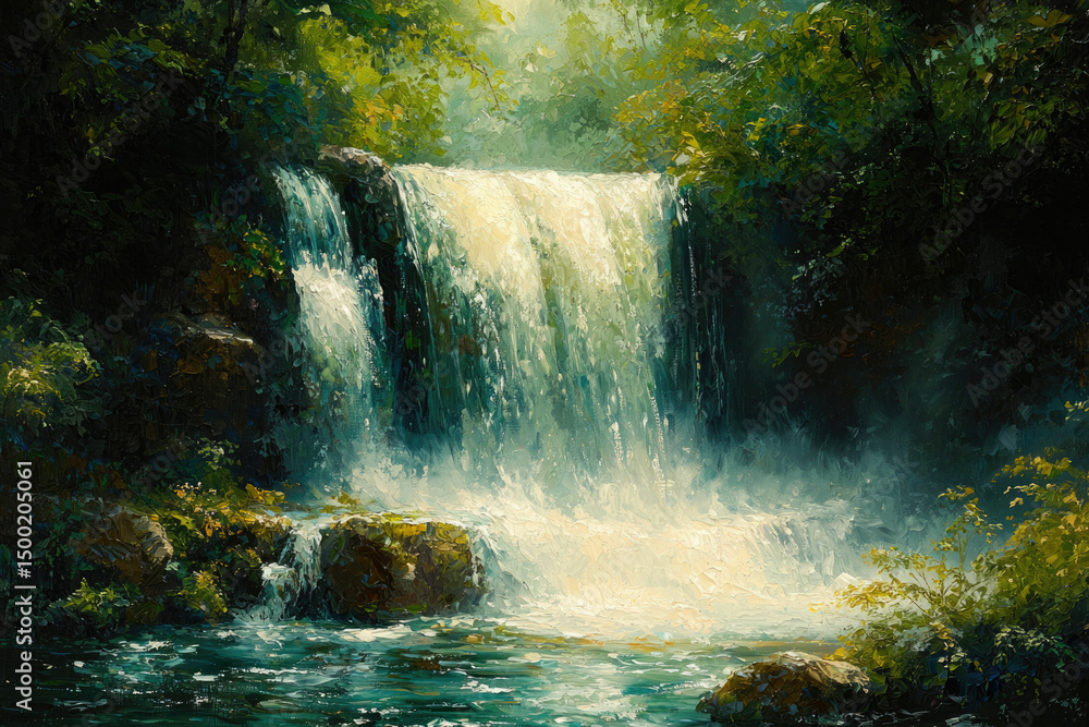 Poster serene waterfall cascading through lush green forest, sunlight filtering through canopy.