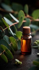 Calming essential oil bottle with eucalyptus leaves on dark surface