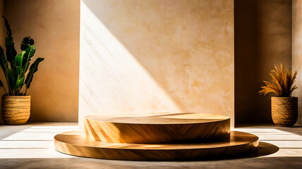 Wooden Display Stand with Plants and Beige Background