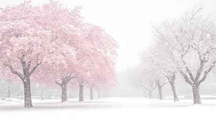 Fototapeta premium Pink Cherry Blossoms in a Snowstorm Winter Scene