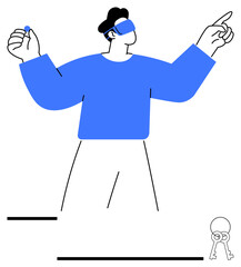 Person wearing blindfold holding object, gesturing with one hand, keys nearby. Ideal for strategy, challenge, risk, choices, opportunity guidance decisions. Flat simple metaphor