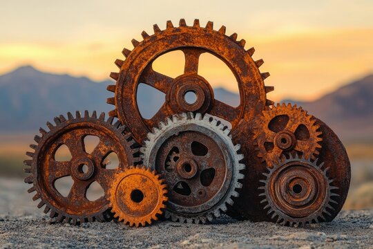 A collection of rusty gears on a rough surface, set against a blurred background of mountains at sunset, symbolizing age and decay.