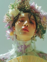Woman, floral crown, fan, sunlight, studio, beauty