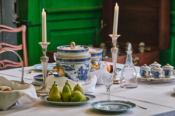 Table with antique fine China and food 