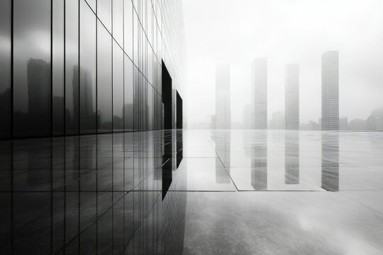 Monochrome cityscape reflecting in polished surfaces, shrouded in a misty haze, architectural shapes and minimal design.