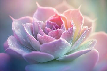 A close-up of a beautiful succulent plant with pastel pink and blue petals, covered in delicate water droplets.