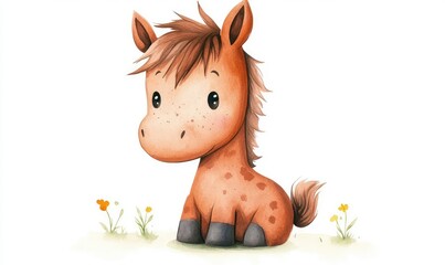 Charming watercolor illustration of a playful kid horse. AI generated illustration.
