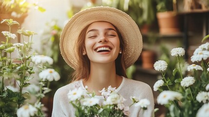 Smiling young woman is surrounded by white flowers while wearing a straw hat outdoors in bright sunlight.