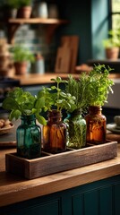Peaceful herb garden growing in colorful glass bottles on kitchen counter
