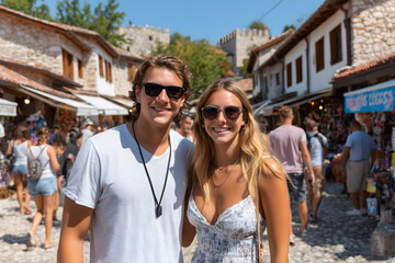 Obraz premium Happy man and woman smiling in front of old town street with stone houses and people in background. Summer travel and tourism concept.