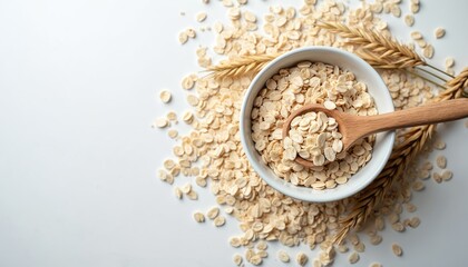 Top view bowl raw oats with wooden spoon wheat stalks on white background. Oatmeal breakfast cereal food diet nourishment. Healthy lifestyle ingredient concept. Delicious fresh tasty wholesome fiber