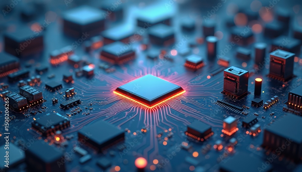 Aufkleber High-tech microchip central processing unit closeup. Processor with integrated circuits, motherboard components. Modern technology, data transfer, digital computing, advanced tech. Electronic circuit