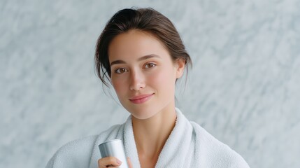 Woman holding skincare, bathroom, marble background, beauty routine