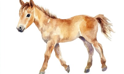 Obraz premium Charming watercolor illustration of a playful kid horse. AI generated illustration.