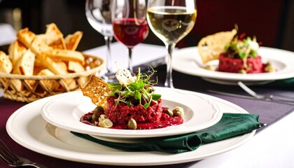 Veal tartare with caper mousse, beetroot gel, and parmesan crisp &mdash; red, green, cream.