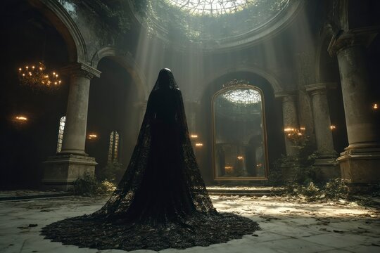 Eerie Silhouette in Abandoned Grandeur Mysterious Figure in Lace Veil Sunlight Beams Through
