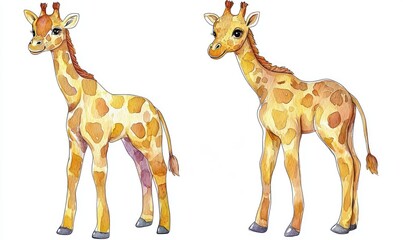 Obraz premium Cheerful watercolor illustration of a kid giraffe doll. AI generated illustration.