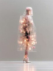 Woman in floral light-up raincoat, studio shot