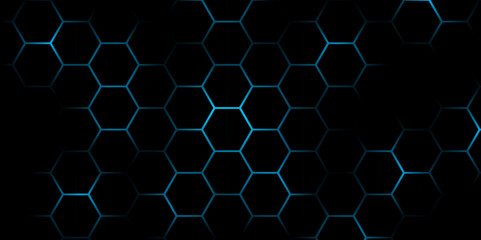 Abstract Hexagonal Grid Background with Glowing Lines. Abstract Futuristic Technology Hexagon Pattern with blue Light Effects. Hexagon. Illustration. Vector. Blue.