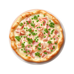 the image shows a freshly baked round pizza placed on a white plate against a solid black background. the pizza features a thick, golden brown crust with a generous layer of melted white cheese