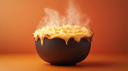 Steaming macaroni and cheese is served in a black bowl on an orange surface. - high quality Steaming macaroni and cheese is served in a black bowl on