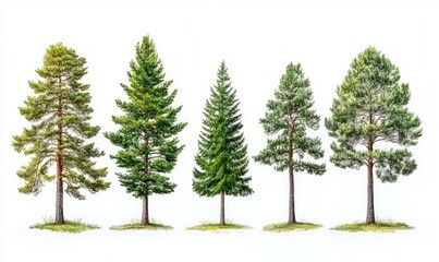 Fototapeta premium Collection of large pine trees isolated on white background. AI generated illustration.