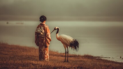 Woman Kimono Crane Lake Japan Serenity