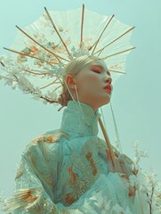 Woman, parasol, garden, Asian dress, serene
