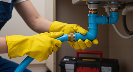 Plumber connecting blue water pipes with yellow gloves in workshop  