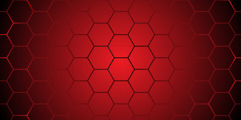 Fototapeta premium Abstract Red Hexagon Technology Background Vector. Futuristic Red Tech Grid Hex Pattern. Dark Red Honeycomb Abstract Background.