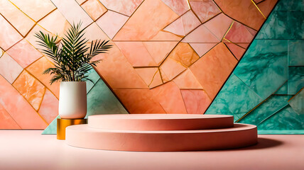Pink and Teal Geometric Background with Product Display