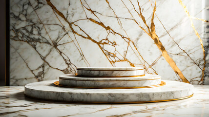 Elegant Three Tiered Marble Display Platform with Gold Accents