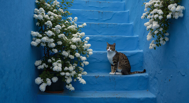 Cat sitting on blue staircase surrounded by white flowers   - Powered by Adobe
