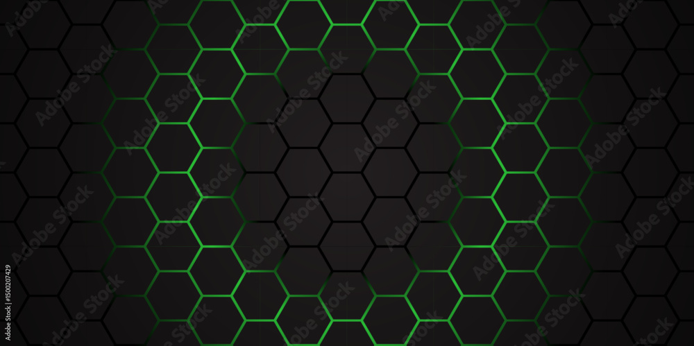 Poster dark hexagon abstract technology background with green colored. hexagonal gaming vector tech illustr