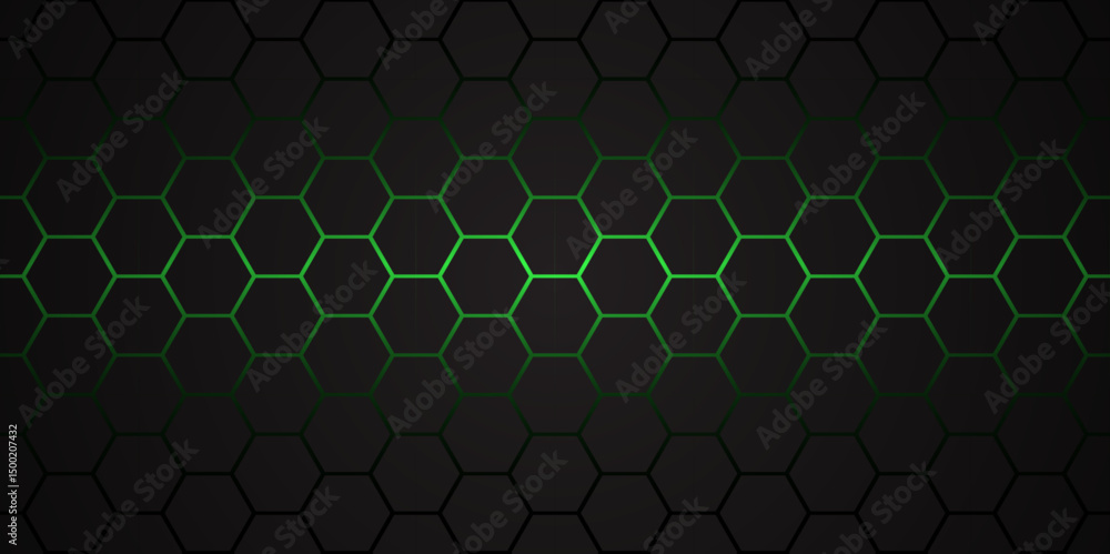 Poster dark hexagon abstract technology background with green colored. hexagonal gaming vector tech illustr