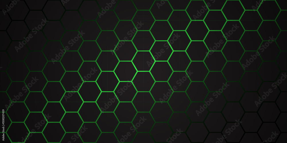 Poster dark hexagon abstract technology background with green colored. hexagonal gaming vector tech illustr