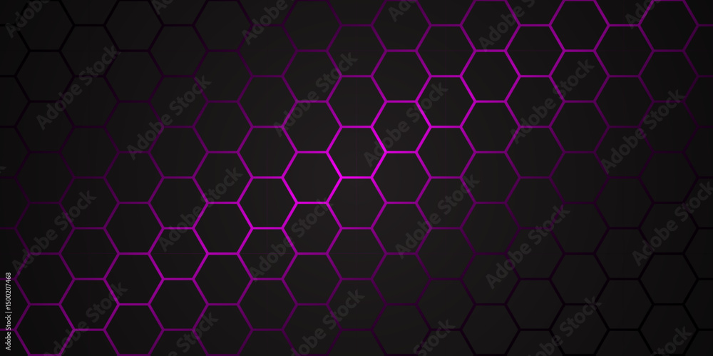 Poster abstract futuristic hexagon tech background with glowing purple light. abstract geometric dark hexag