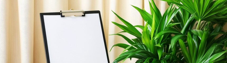 Obraz premium Greenery and light beige curtains envelop an empty clipboard