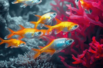 Fototapeta premium A colorful aquarium featuring golden and silver fish swimming amongst vibrant red and white coral reefs.