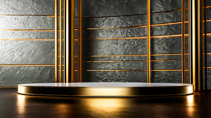 Elegant Gold Podium with Dark Marble Wall Background