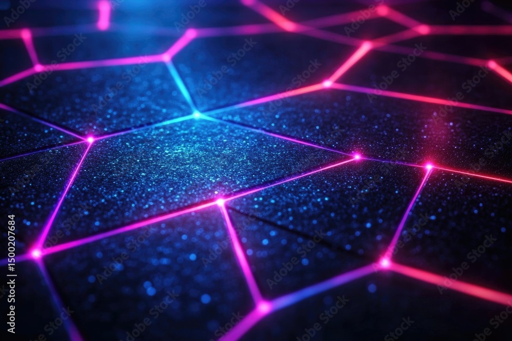 Poster abstract hexagonal grid with glowing pink and blue lines, representing digital network connections.