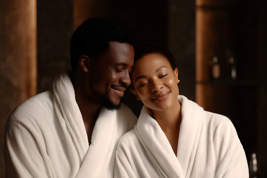Man and woman in white bathrobes smile, eyes closed, enjoying a spa treatment. Happy multiethnic couple relaxing in wellness salon.