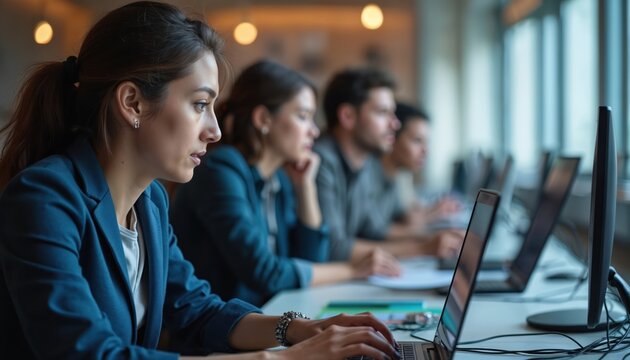 Group employees attending cybersecurity awareness workshop. Colleagues learn information technology network security data protection. Professionals at workplace discuss tech solutions to ensure data - Powered by Adobe