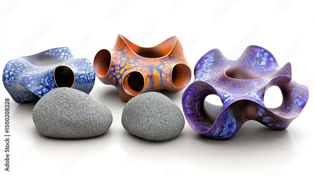 Poster geometric shapes of multiple colors and intricate design are on the stone surface