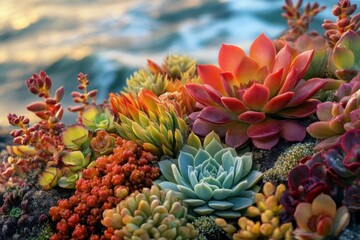 Fototapeta premium A vibrant collection of succulents in various colors and textures, thriving near the ocean.