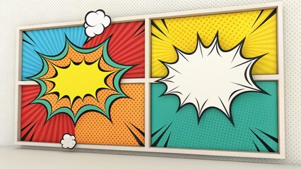 Dynamic comic art explosion creative studio digital artwork vibrant environment front view visual impact