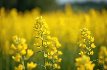 Obraz premium Yellow rapeseed field, summer day landscape with bright yellow flowers. Farming agriculture, eco-friendly. Rural landscape, nature, spring. Eco energy, biofuel, land use, food industry, environmental